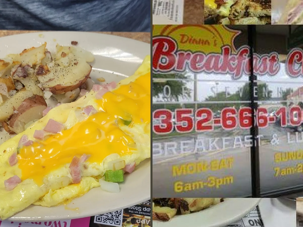 Scrambled eggs with hash browns and toast.